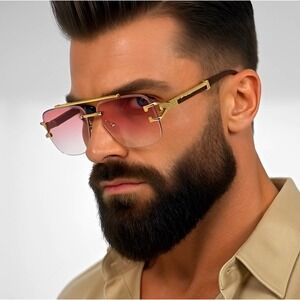 Mens Rimless Pink Gradient Sunglasses Sophisticated Wood Grain Pilot Classy 2026